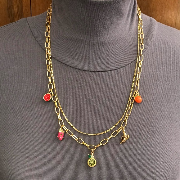 "Fruit Stand" Handmade 2-Layer Gold Charm Necklace with Tropical Fruit Charms - Picture 8 of 15